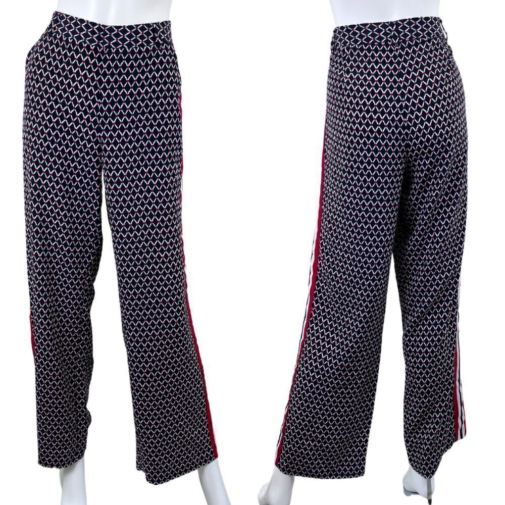 Tommy Hilfiger Women Size 8 Blue Diamond Striped High Rise Wide Leg Trouser Pant